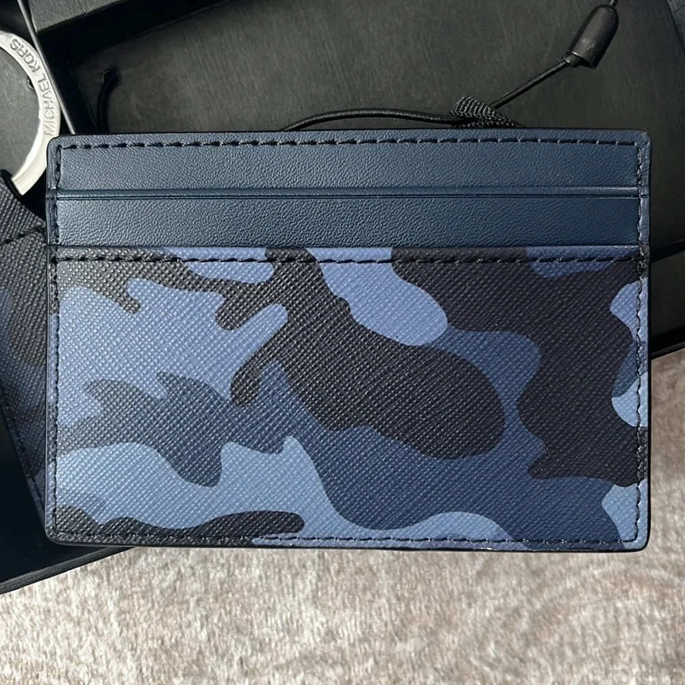 Brand New Michael Kors Admiral Blue Camo Card Holder Case & Key Fob Ring Set